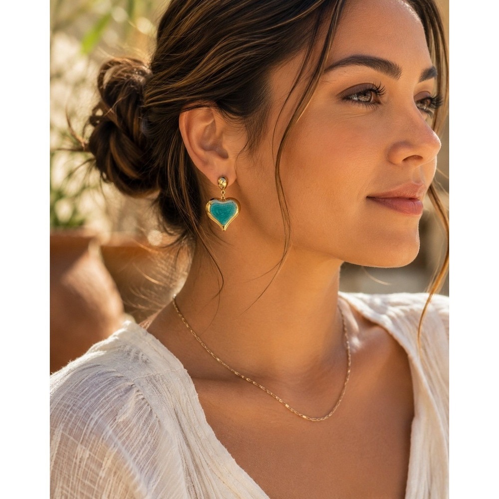 Turquoise Heart Drop Earrings Gold Tone Stainless Steel Statement 37mm